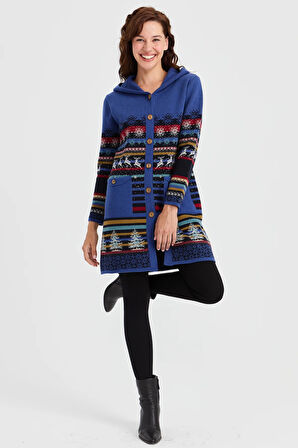 Kadın Kapüşonlu Kar ve Geyik Desenli Uzun Yün Hırka K.Lacivert