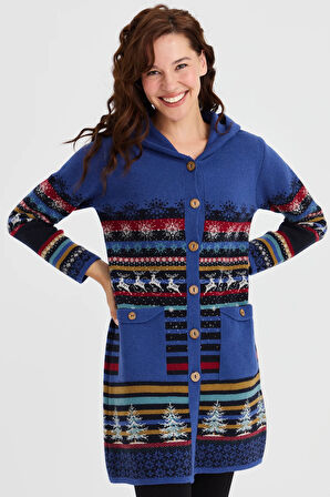 Kadın Kapüşonlu Kar ve Geyik Desenli Uzun Yün Hırka K.Lacivert