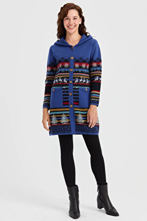 Kadın Kapüşonlu Kar ve Geyik Desenli Uzun Yün Hırka K.Lacivert