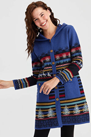 Kadın Kapüşonlu Kar ve Geyik Desenli Uzun Yün Hırka K.Lacivert