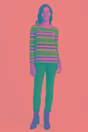 Kadın Sıfır Yaka Çizgili Simli Ligra Bluz Füme