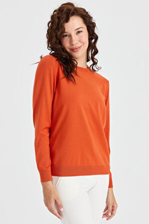 Kadın Sıfır Yaka Angelina Basic Kazak Portakal