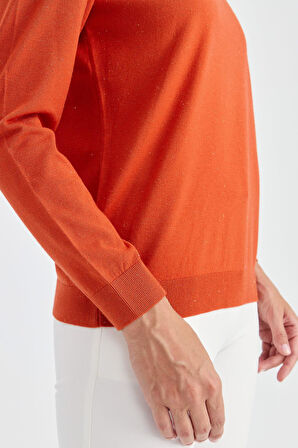 Kadın Sıfır Yaka Angelina Basic Kazak Portakal