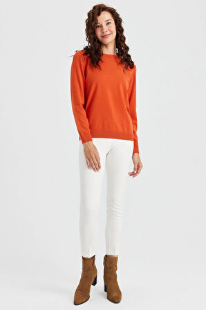 Kadın Sıfır Yaka Angelina Basic Kazak Portakal