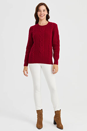 Kadın Sıfır Yaka Ortası Saç Örgü Yün Kazak V.Çürüğü