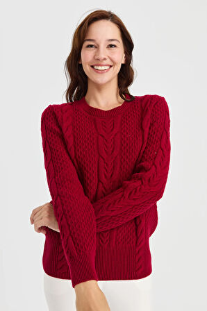 Kadın Sıfır Yaka Ortası Saç Örgü Yün Kazak V.Çürüğü