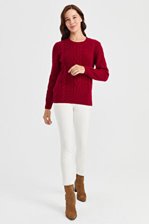 Kadın Sıfır Yaka Ortası Saç Örgü Yün Kazak V.Çürüğü