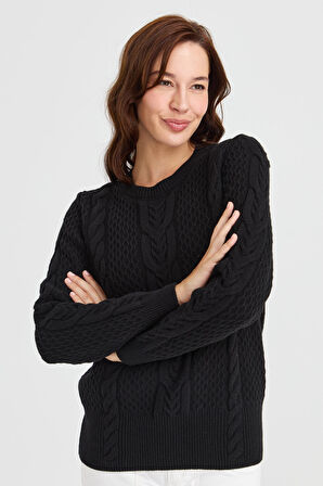 Kadın Sıfır Yaka Ortası Saç Örgü Yün Kazak Siyah