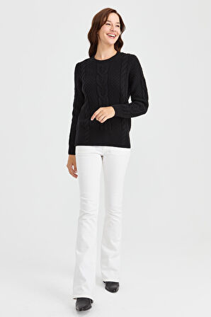 Kadın Sıfır Yaka Ortası Saç Örgü Yün Kazak Siyah