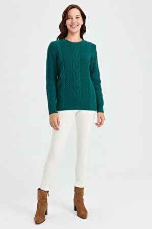 Kadın Sıfır Yaka Ortası Saç Örgü Yün Kazak K.Ö.başı