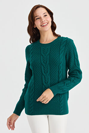 Kadın Sıfır Yaka Ortası Saç Örgü Yün Kazak K.Ö.başı