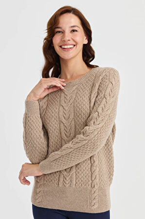 Kadın Sıfır Yaka Ortası Saç Örgü Yün Kazak K.Bej