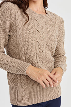 Kadın Sıfır Yaka Ortası Saç Örgü Yün Kazak K.Bej