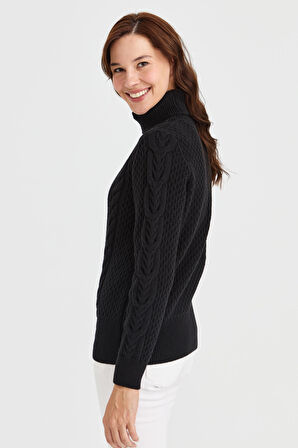 Kadın Tam Balıkçı Yaka Saç Örgü Yün Kazak Siyah