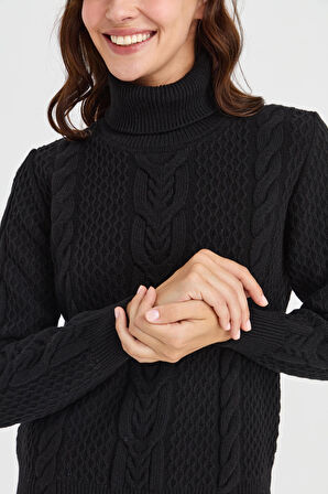 Kadın Tam Balıkçı Yaka Saç Örgü Yün Kazak Siyah