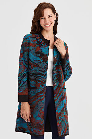 Kadın Dik Yaka Renkli Dalga Desenli Uzun Yün Kaban K.Kahve