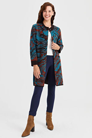 Kadın Dik Yaka Renkli Dalga Desenli Uzun Yün Kaban K.Kahve