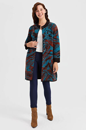 Kadın Dik Yaka Renkli Dalga Desenli Uzun Yün Kaban K.Kahve