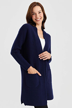 Kadın Dik Yaka Kendinden Bantlı Uzun Yün Hırka Y.A.Lacivert