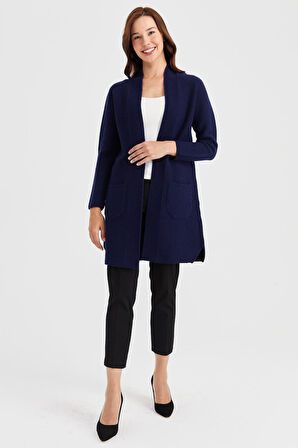 Kadın Dik Yaka Kendinden Bantlı Uzun Yün Hırka Y.A.Lacivert