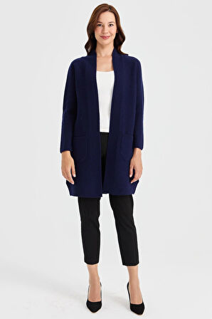 Kadın Dik Yaka Kendinden Bantlı Uzun Yün Hırka Y.A.Lacivert