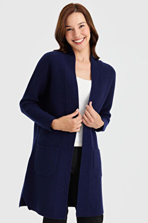 Kadın Dik Yaka Kendinden Bantlı Uzun Yün Hırka Y.A.Lacivert