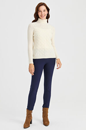 Kadın Tam Balıkçı Yaka Önü Yürütmeli Yün Kazak Kemik