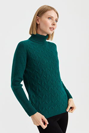 Kadın Tam Balıkçı Yaka Önü Yürütmeli Yün Kazak K.Ö.başı