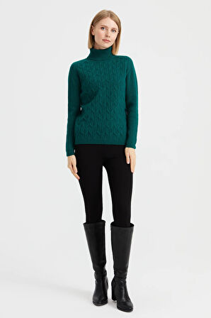 Kadın Tam Balıkçı Yaka Önü Yürütmeli Yün Kazak K.Ö.başı