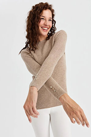 Kadın Sıfır Yaka Kol Ucu Düğmeli Yün Kazak K.Bej