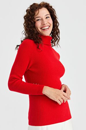 Kadın Tam Balıkçı Yaka Kol Ucu Düğmeli Yün Kazak Mercan