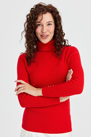 Kadın Tam Balıkçı Yaka Kol Ucu Düğmeli Yün Kazak Mercan