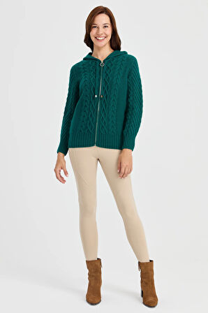 Kadın Kapüşonlu Saç Yürütme Örgülü Yün Hırka K.Ö.başı