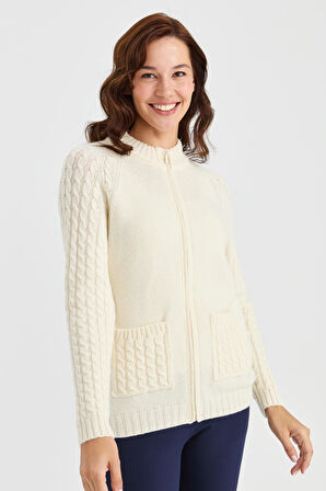 Kadın Dik Yaka Cebi ve Kolu Saç Örgü Yün Hırka Kemik