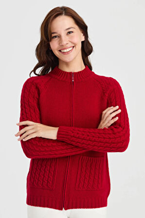 Kadın Dik Yaka Cebi ve Kolu Saç Örgü Yün Hırka K.Kırmızı