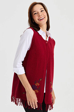 Kadın Eteği Çiçekli Püsküllü Yelek V.Kırmızı