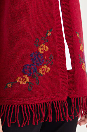 Kadın Eteği Çiçekli Püsküllü Yelek V.Kırmızı