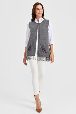 Kadın Eteği Çiçekli Püsküllü Yelek Füme