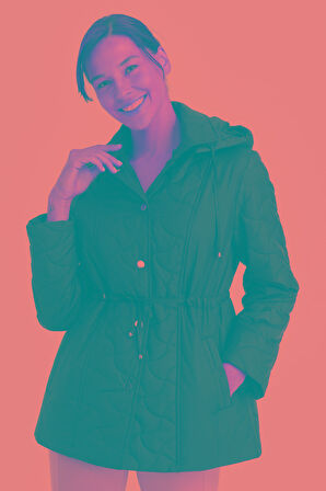 Kadın Kapüşonlu Beli Bağcıklı Kapitone Kaban Siyah