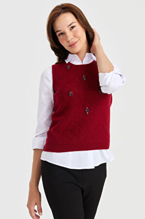 Kadın Sıfır Yaka Önü Baklava Linksli Yün Süveter V.Kırmızı