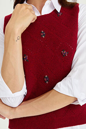 Kadın Sıfır Yaka Önü Baklava Linksli Yün Süveter V.Kırmızı