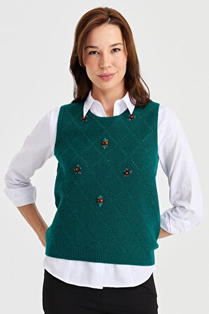 Kadın Sıfır Yaka Önü Baklava Linksli Yün Süveter K.Ö.başı