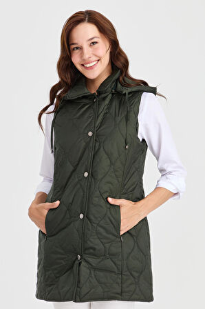 Kadın Kapüşonlu Kapitone Yelek Yeşil