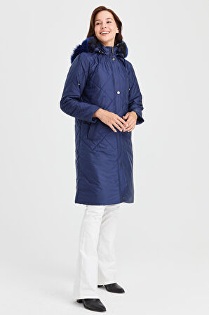 Kadın Kapüşonlu Kareli Uzun Kapitone Kaban Lacivert