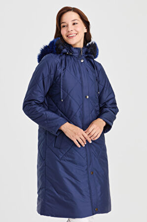 Kadın Kapüşonlu Kareli Uzun Kapitone Kaban Lacivert