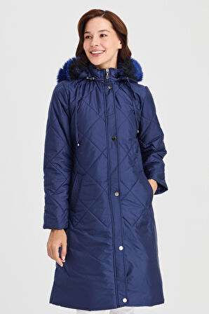 Kadın Kapüşonlu Kareli Uzun Kapitone Kaban Lacivert