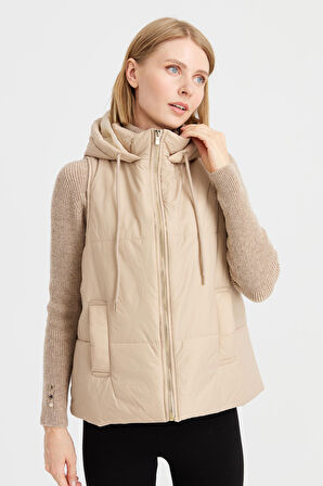 Kadın Kapüşonlu Kısa Kapitone Yelek Ekru