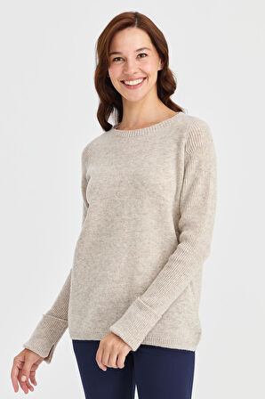 Kadın Sıfır Yaka Kolları Yırtmaçlı Kazak V.Bej