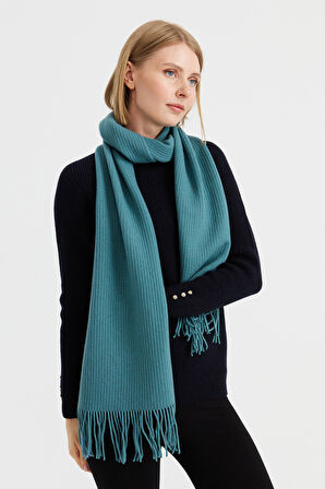 Kadın Triko Tek Renk Püsküllü Yün Kaşkol M.Yeşili