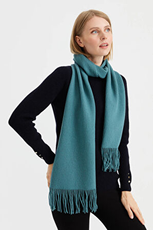 Kadın Triko Tek Renk Püsküllü Yün Kaşkol M.Yeşili